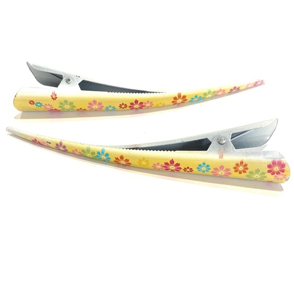 Updo Hair Clips Set Of 2 Yellow With Multi Colored Flowers - Picture 4 of 5